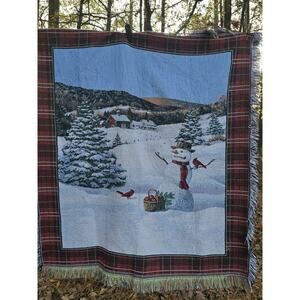 Vintage Snowman Winter Scene Cardinal Tapestry Blanket 52 × 46 Holiday Plaid